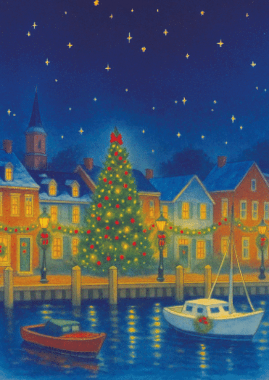 Waterfront homes decorated for Christmas with a large glowing tree and boats on the water.