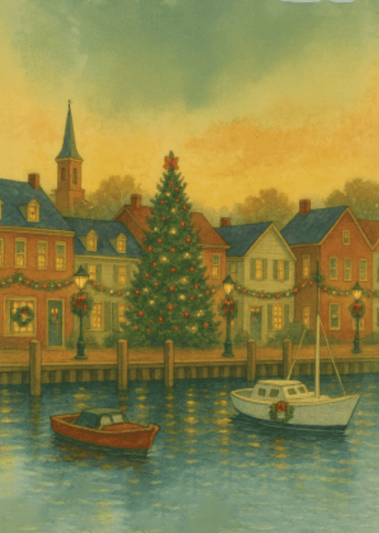 A glowing morning waterfront with a large Christmas tree and decorated houses.