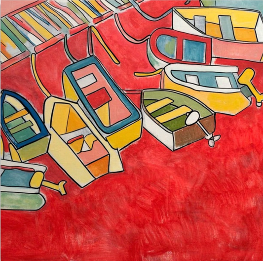 An abstract acrylic painting by Andrew French depicting small docked boats outlined in bold lines and resting on a vibrant red background. The piece combines warm yellows, oranges, and greens, evoking both movement and serenity in a surreal harbor setting.