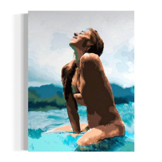A modern acrylic painting of a woman emerging from turquoise ocean water, gazing upward toward the sky with sunlight on her skin. The piece blends soft blue and earthy tones, evoking freedom, strength, and connection with nature.