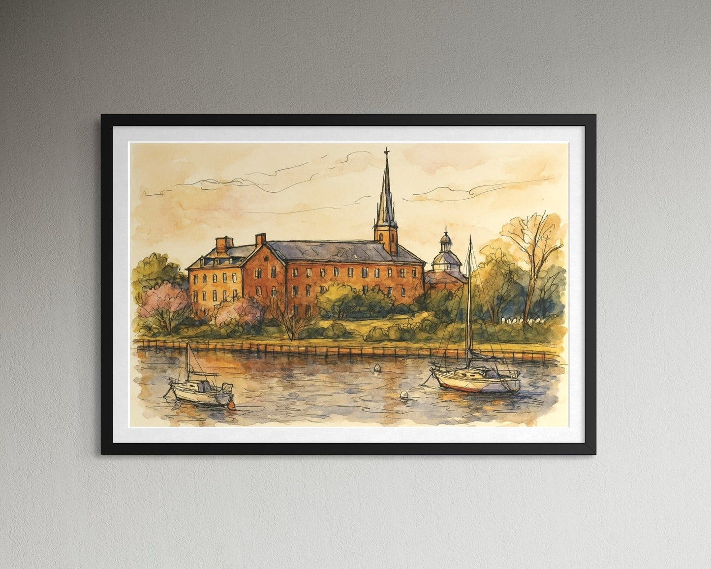 A framed artwork displayed above a modern fireplace with sculptural decor. Neutral tones and warm firelight create a calm, inviting living space.