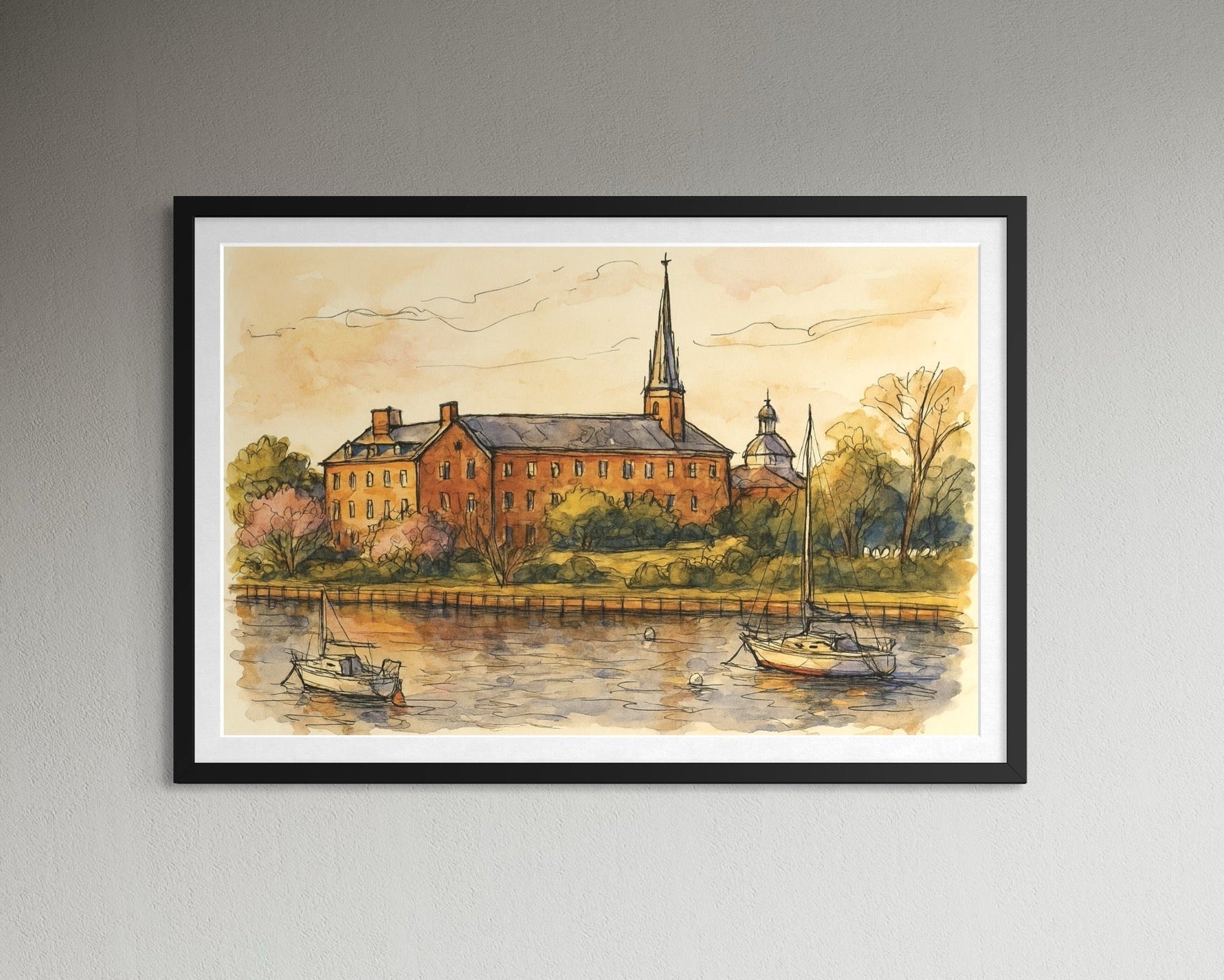 A framed artwork displayed above a modern fireplace with sculptural decor. Neutral tones and warm firelight create a calm, inviting living space.