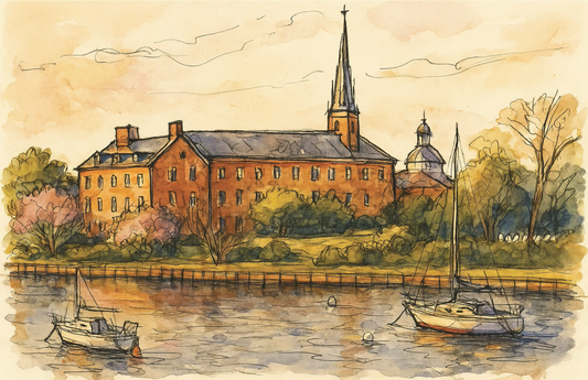 A warm watercolor painting of the Saint Mary’s campus with brick buildings, tree-lined waterfront, sailboats on calm water, and soft golden sky tones with loose ink outlines.