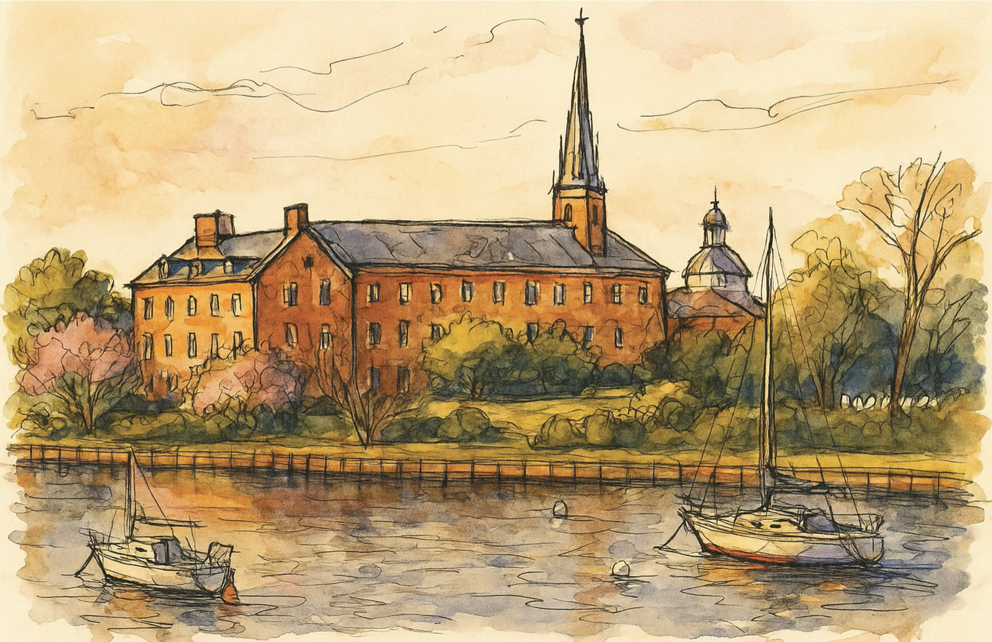 A warm watercolor painting of the Saint Mary’s campus with brick buildings, tree-lined waterfront, sailboats on calm water, and soft golden sky tones with loose ink outlines.