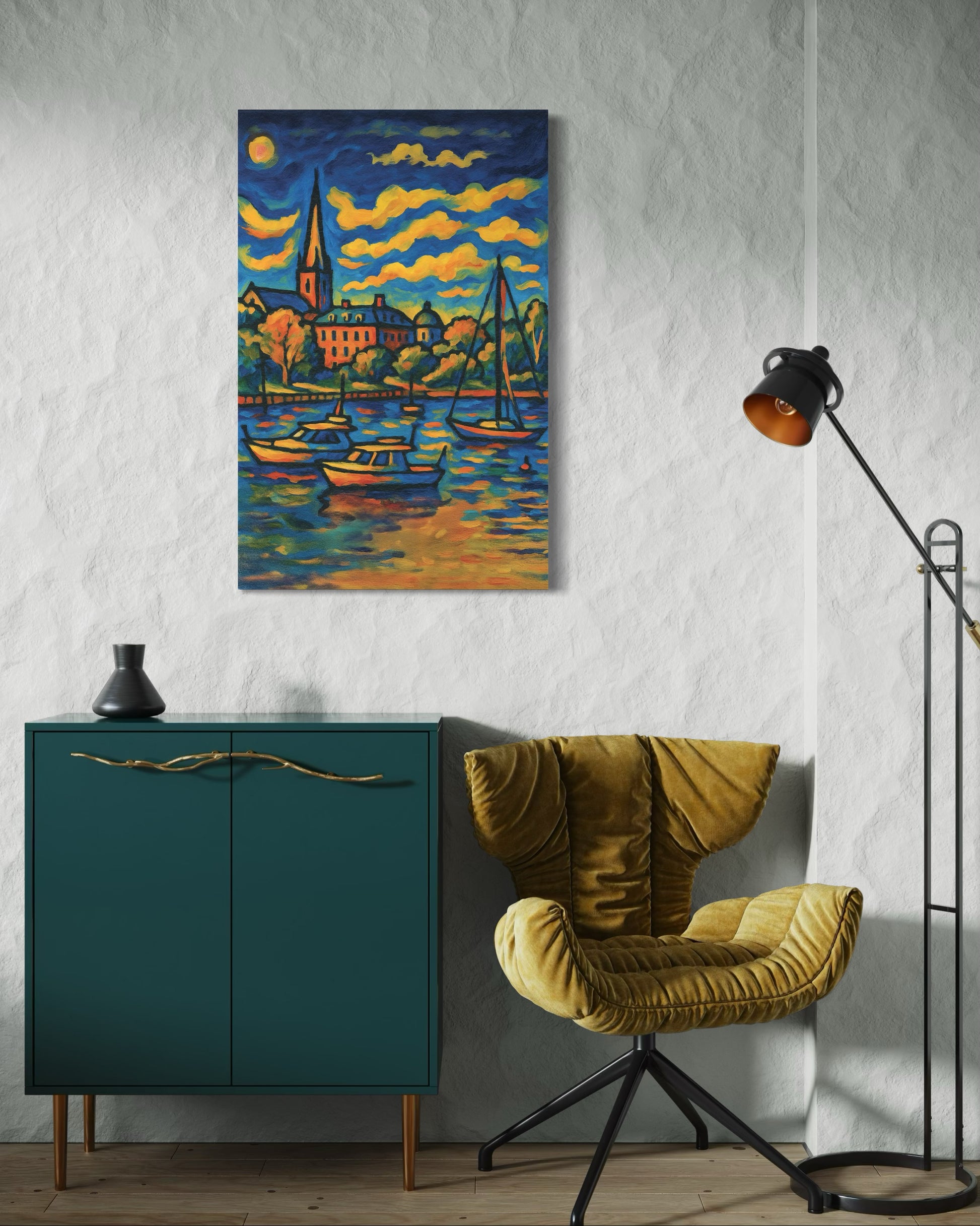 An acrylic artwork displayed on a textured white wall beside a mustard accent chair and modern teal cabinet. Bright interior lighting enhances the vivid colors of the piece.