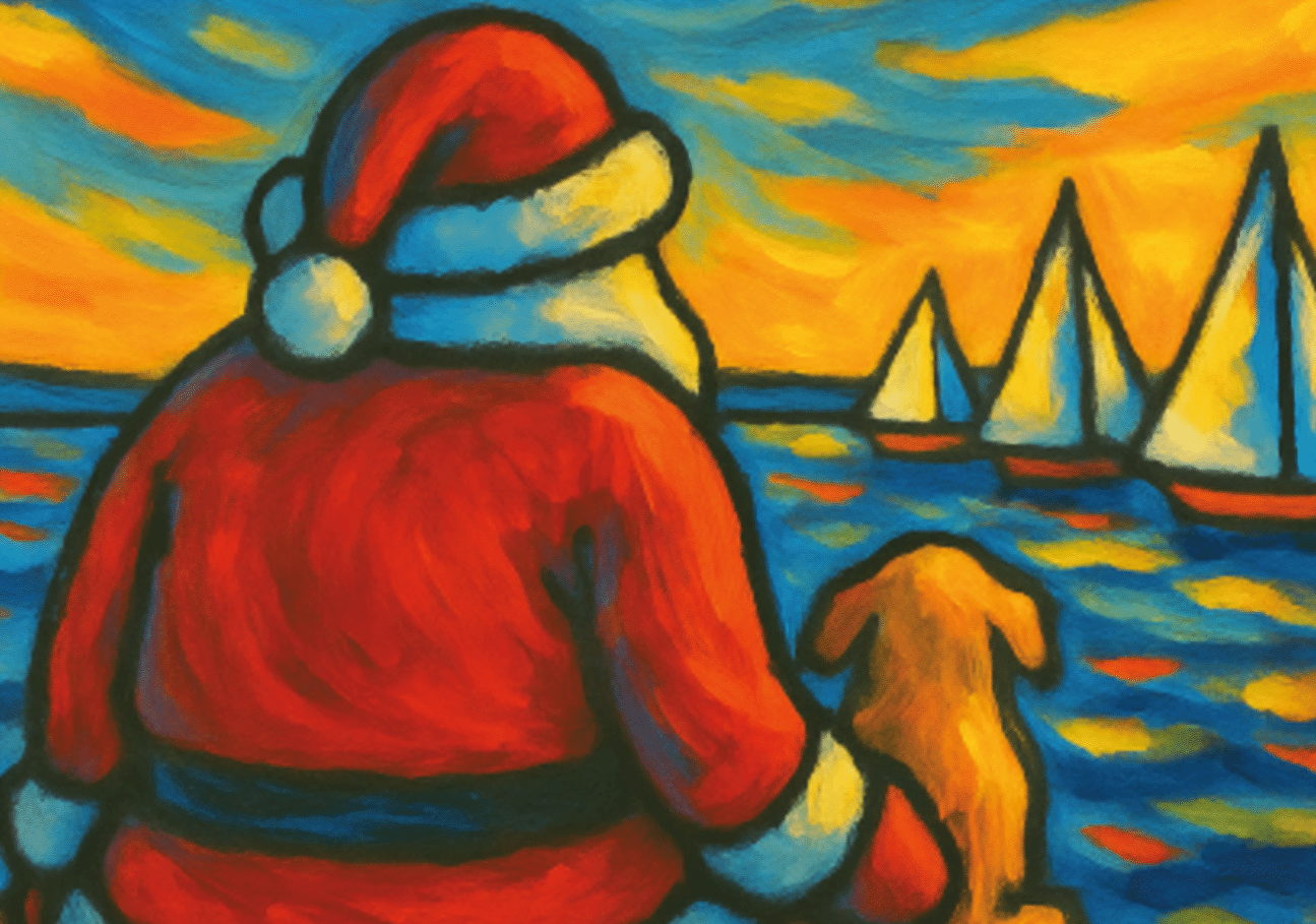 A bright painting of Santa and a dog with festive colors and a cheerful holiday background.