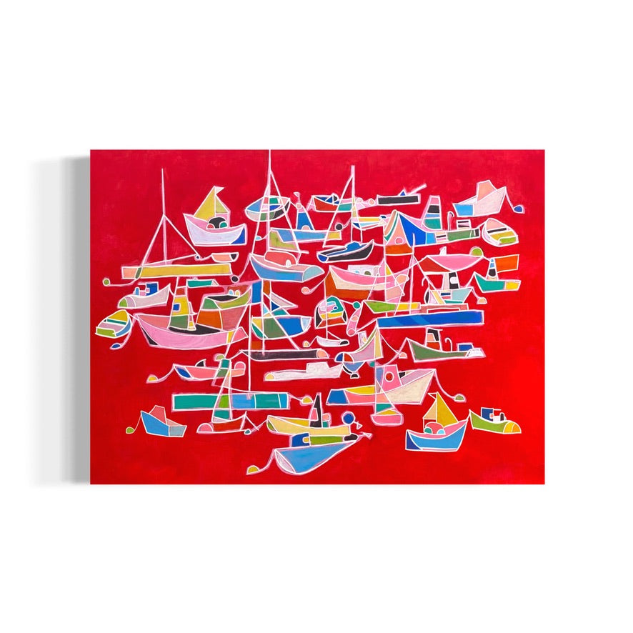 A vivid acrylic painting by Andrew French depicting an array of colorful abstract boats floating on a bold crimson-red background. The overlapping vessels and bright geometric shapes create a sense of energy, emotion, and movement reminiscent of life’s ever-changing tides.