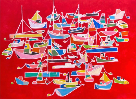 A vivid acrylic painting by Andrew French depicting an array of colorful abstract boats floating on a bold crimson-red background. The overlapping vessels and bright geometric shapes create a sense of energy, emotion, and movement reminiscent of life’s ever-changing tides.