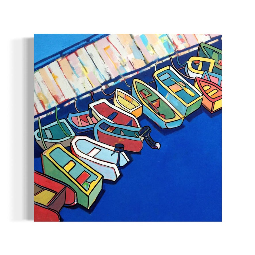A bright acrylic painting by Andrew French depicting colorful boats tied along a dock on vibrant blue water. The composition blends bold lines, abstract shapes, and lively hues to capture the peaceful rhythm of harbor life.