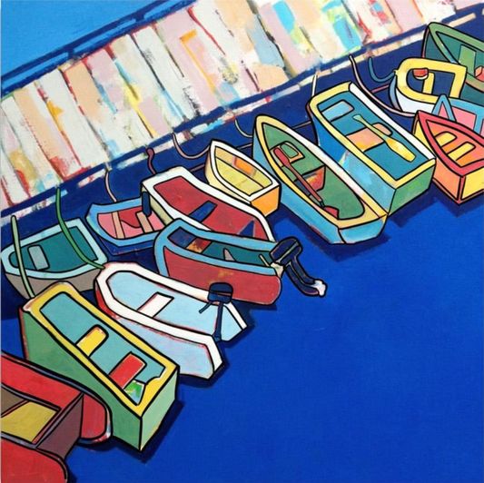 A bright acrylic painting by Andrew French depicting colorful boats tied along a dock on vibrant blue water. The composition blends bold lines, abstract shapes, and lively hues to capture the peaceful rhythm of harbor life.