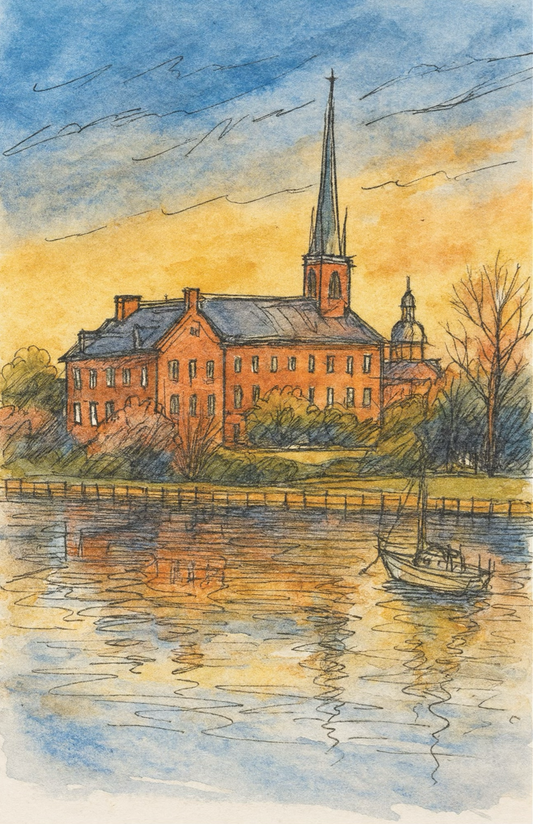 A soft watercolor painting of the historic Saint Mary’s campus at sunset, featuring a tall church steeple, warm brick buildings, bare trees, and a sailboat reflected in calm water with golden and blue tones.