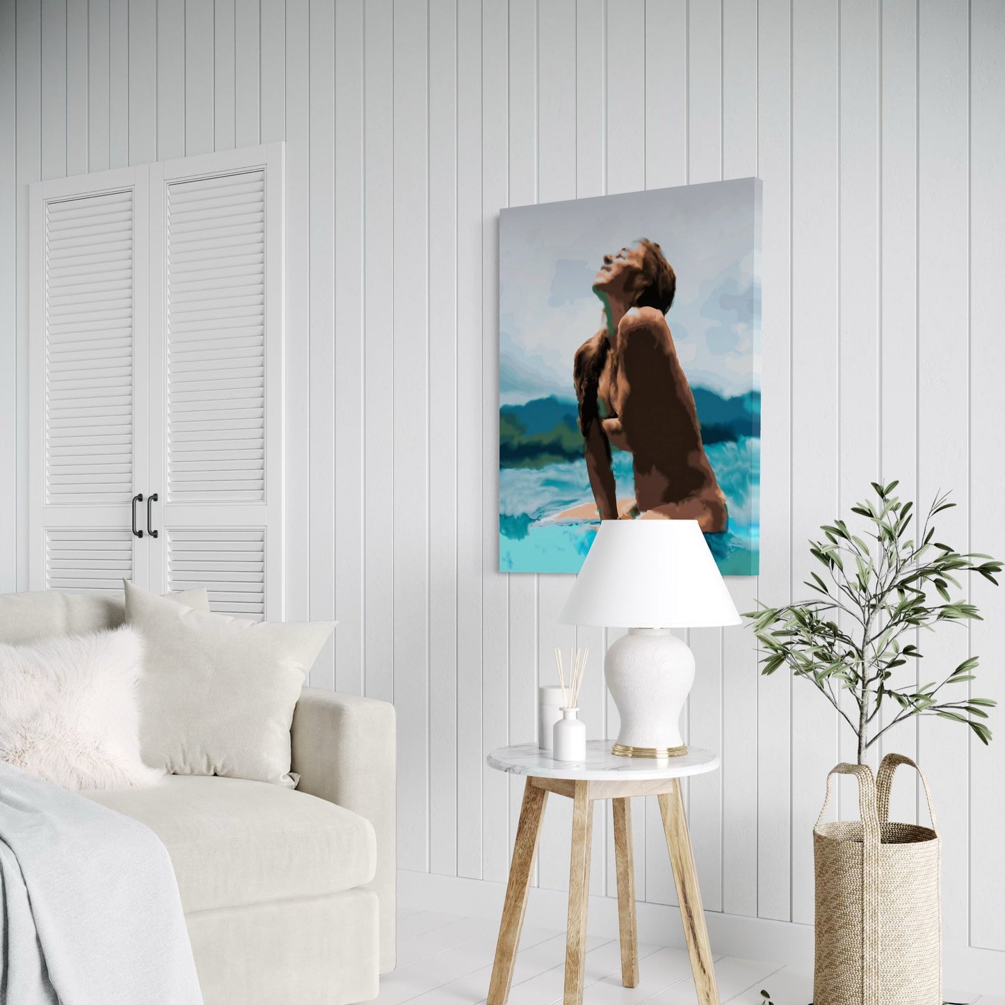 “Surfer Girl” acrylic painting featured in a bright, minimalist living room with natural textures and beachy tones, bringing a touch of ocean calm and empowerment to the décor.