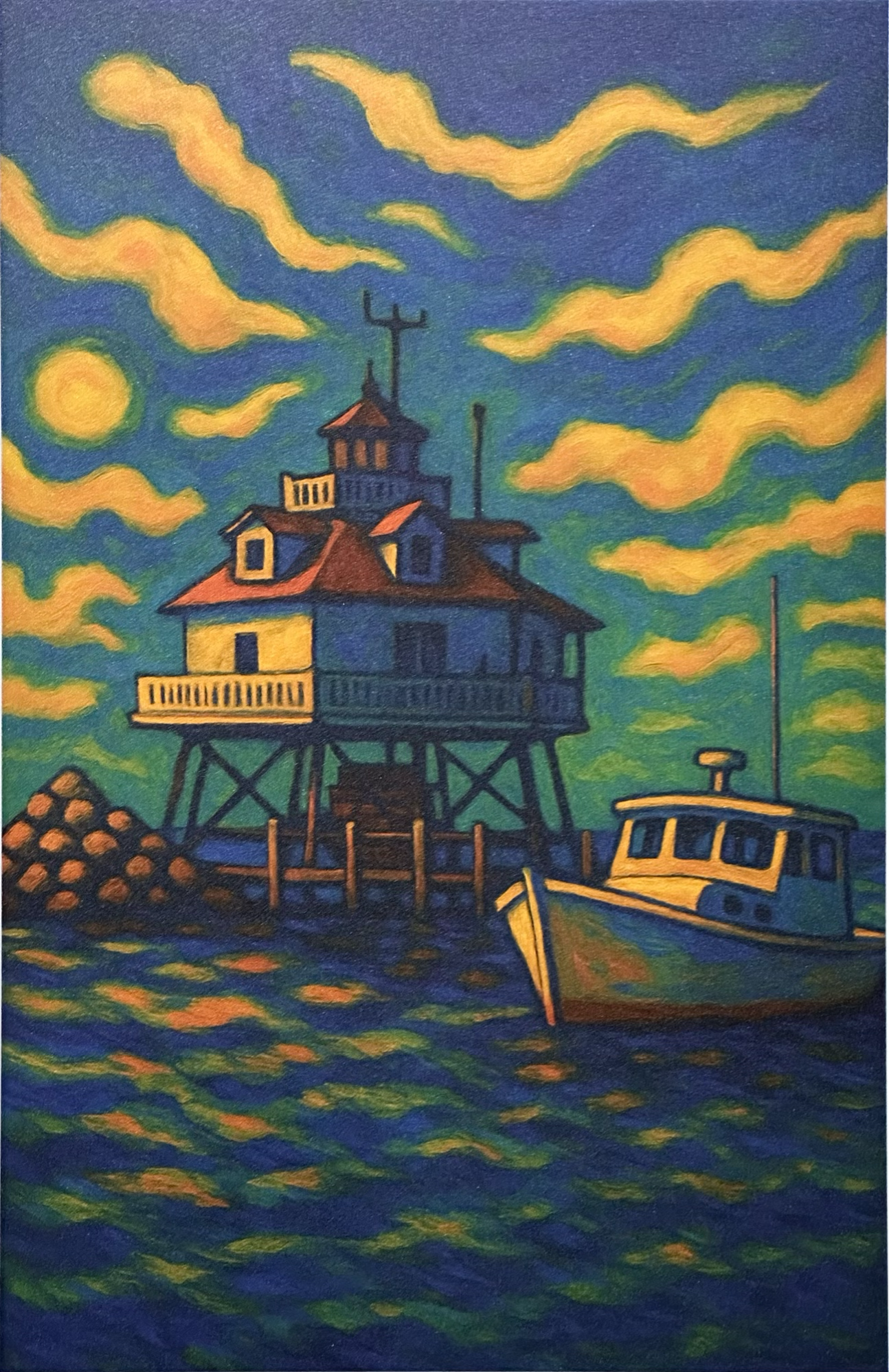 A vivid acrylic painting featuring a Chesapeake Bay lighthouse on stilts, a glowing sky with swirling yellow clouds, and a boat resting on colorful, reflective water. Rich blues, greens, and warm golden tones create an expressive, energetic coastal scene.