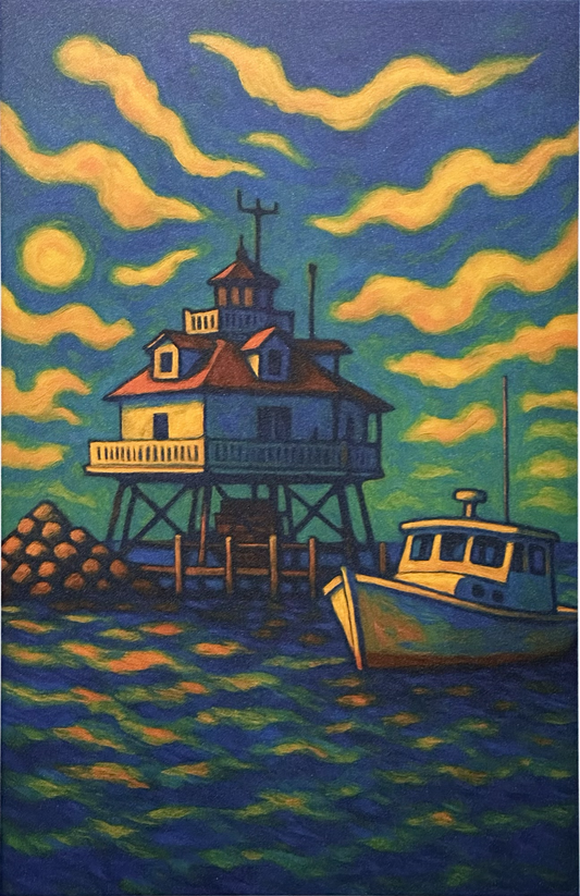 A vivid acrylic painting featuring a Chesapeake Bay lighthouse on stilts, a glowing sky with swirling yellow clouds, and a boat resting on colorful, reflective water. Rich blues, greens, and warm golden tones create an expressive, energetic coastal scene.