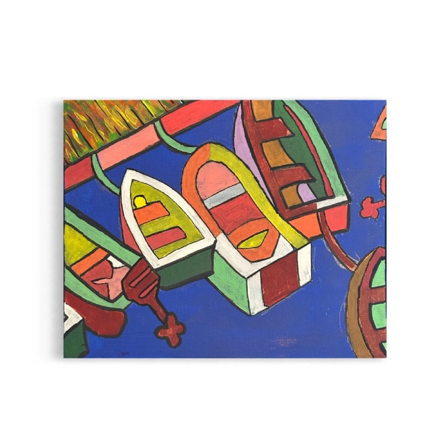 A vivid acrylic painting by Andrew French featuring colorful docked boats outlined in black against a deep blue water background. Bold reds, greens, yellows, and oranges create an energetic coastal composition that celebrates color and movement.