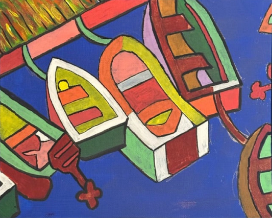 A vivid acrylic painting by Andrew French featuring colorful docked boats outlined in black against a deep blue water background. Bold reds, greens, yellows, and oranges create an energetic coastal composition that celebrates color and movement.