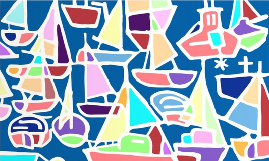 A bright abstract painting by Andrew French featuring colorful sailboats and tugboats arranged against a deep blue ocean background. The piece uses playful pastel tones of pink, teal, yellow, and purple outlined in white, evoking a cheerful, coastal energy.