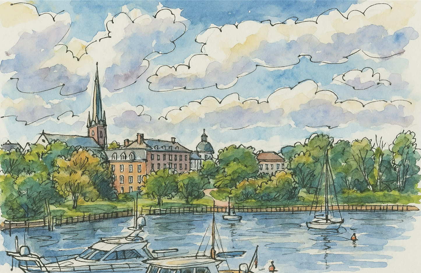 A soft watercolor painting of the Saint Mary’s waterfront with sailboats, calm water, lush trees, and campus buildings with steeples under a light blue sky filled with fluffy clouds.
