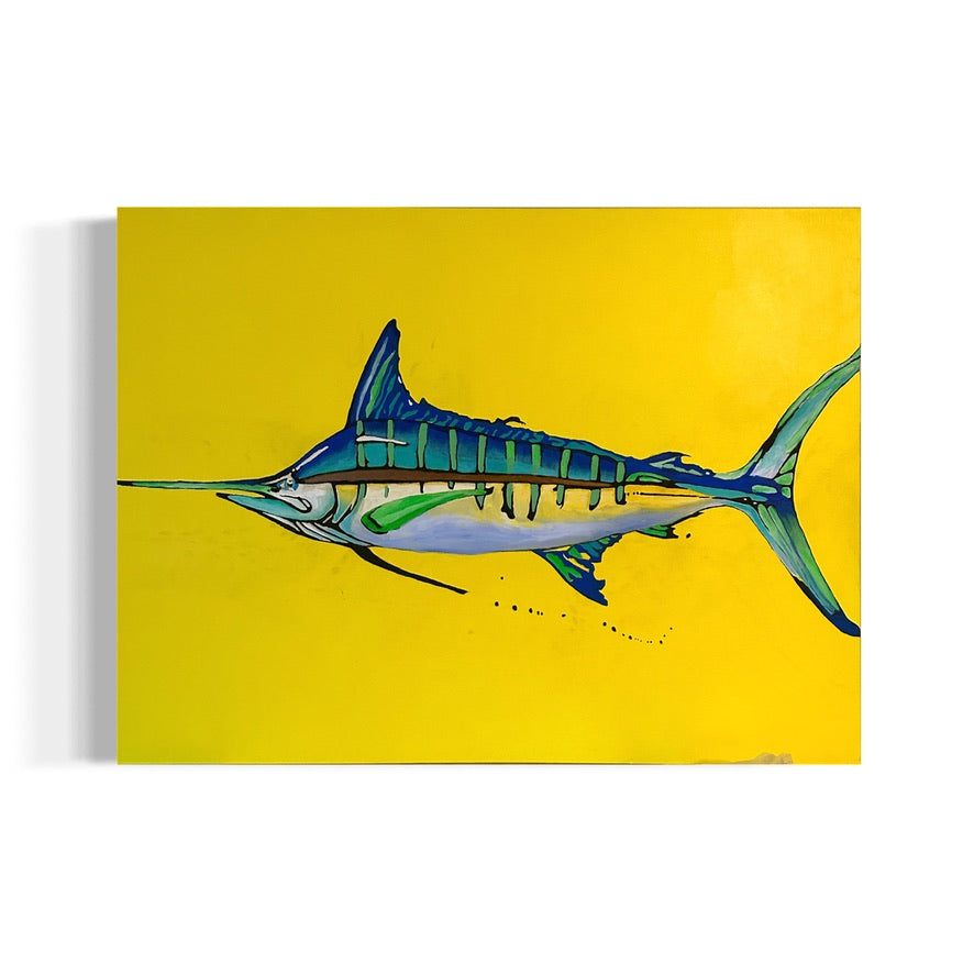 A vivid acrylic painting by Andrew French featuring a striking blue marlin against a bold yellow background. The piece captures the elegance and strength of marine life through sharp lines, layered hues, and fluid motion.