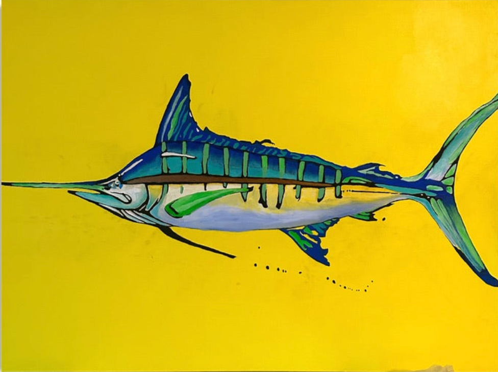 A vivid acrylic painting by Andrew French featuring a striking blue marlin against a bold yellow background. The piece captures the elegance and strength of marine life through sharp lines, layered hues, and fluid motion.