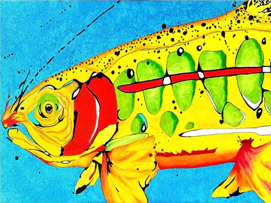 A vivid acrylic painting of a colorful fish with bold yellow, red, and green markings set against a bright blue background. The piece captures movement and texture through expressive brushstrokes and a dynamic composition.